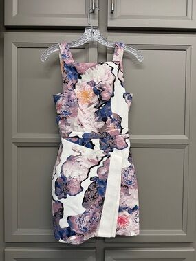Finders Keepers White Floral Mini Dress with Pink and Blue Blooms